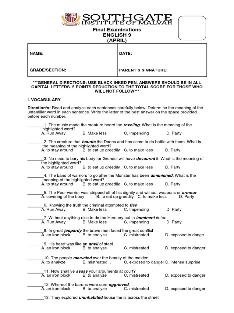 English 9 Final Exam Vocabulary Guide | PDF | Nature