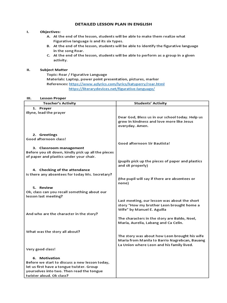Figurative Language Lesson Plan | PDF | Lesson Plan | Metaphor