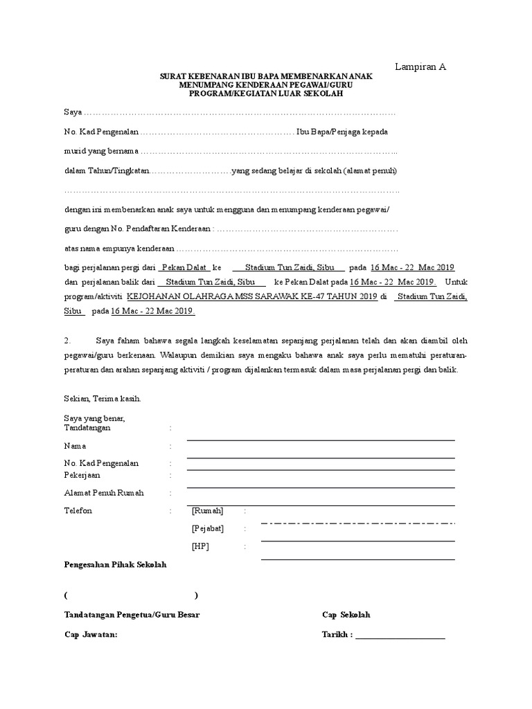 Surat Kebenaran Dan Akuan Ibu Bapa Bagi Murid Menaiki Kenderaan