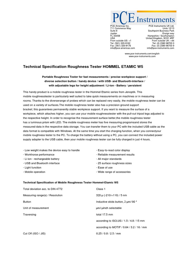 Datasheet Roughness Tester Hommel Etamic w5 PDF Surface Roughness Usb