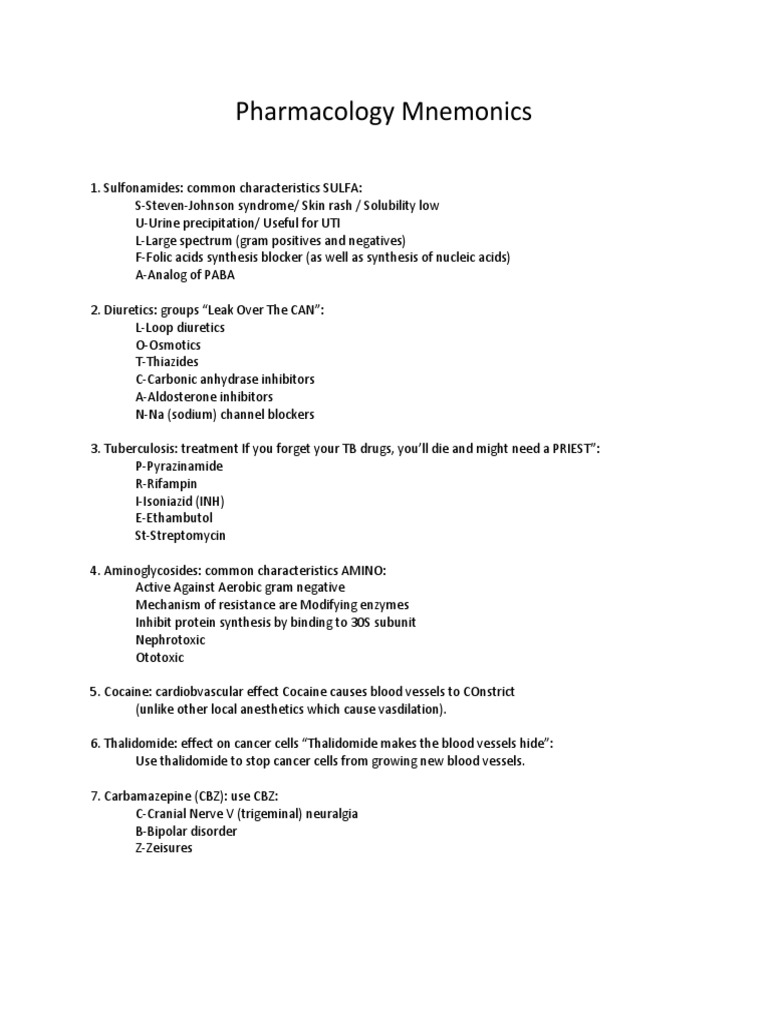 Pharmacology Mnemonics | PDF | Norepinephrine | Drugs