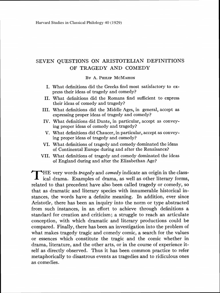 Seven Questions On Aristotelian Definitions Of Tragedy And Comedy Tragedy Poetics Aristotle