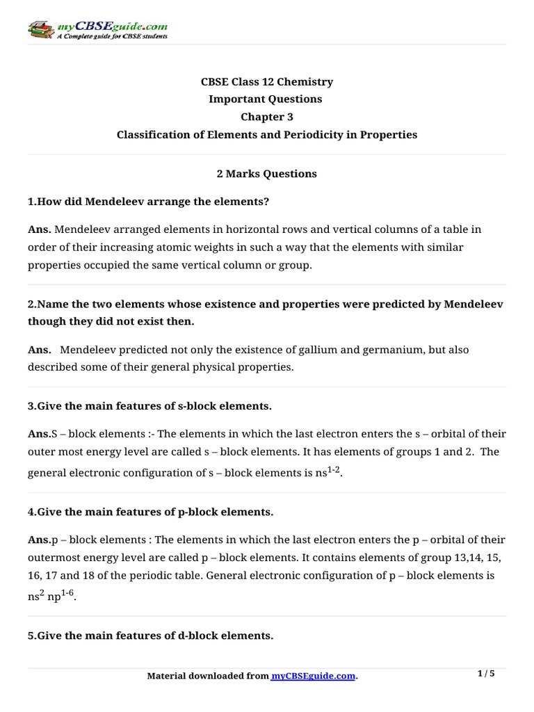 11 Chemistry Imp ch3 2 PDF | PDF | Ion | Periodic Table