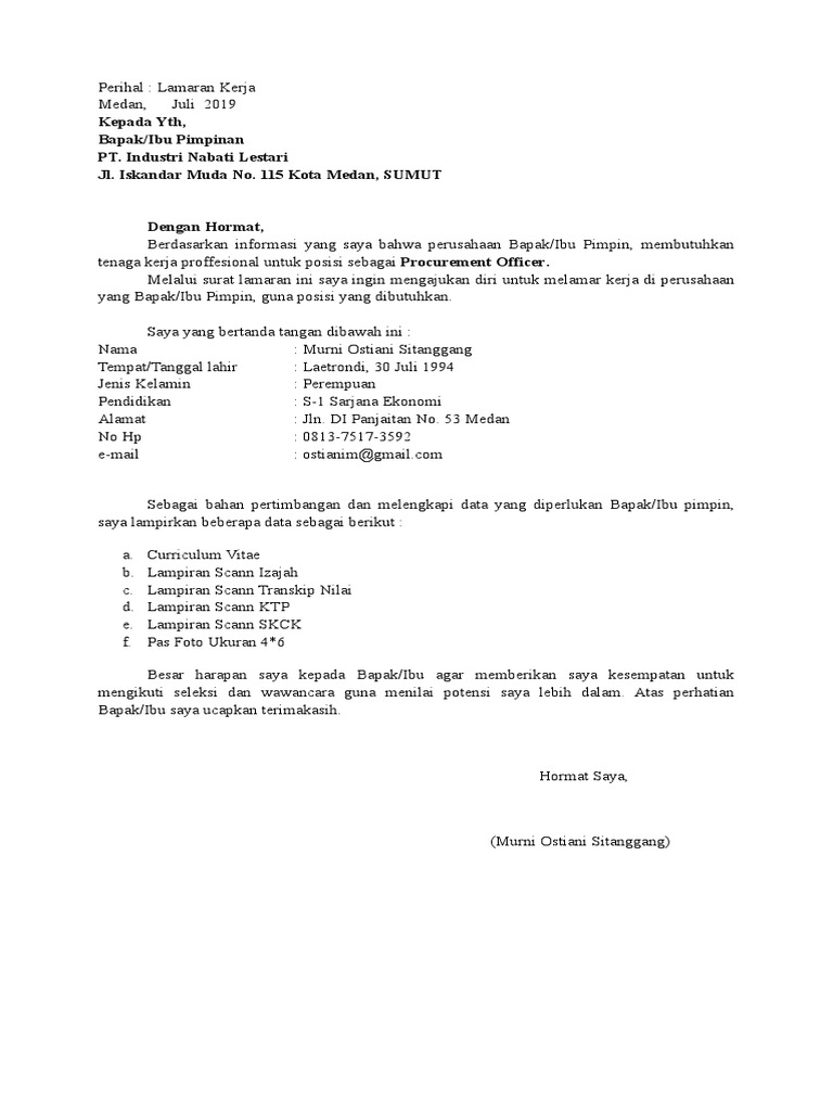 Contoh Surat Lamaran Kerja Pt Nabati Id Lif Co Id