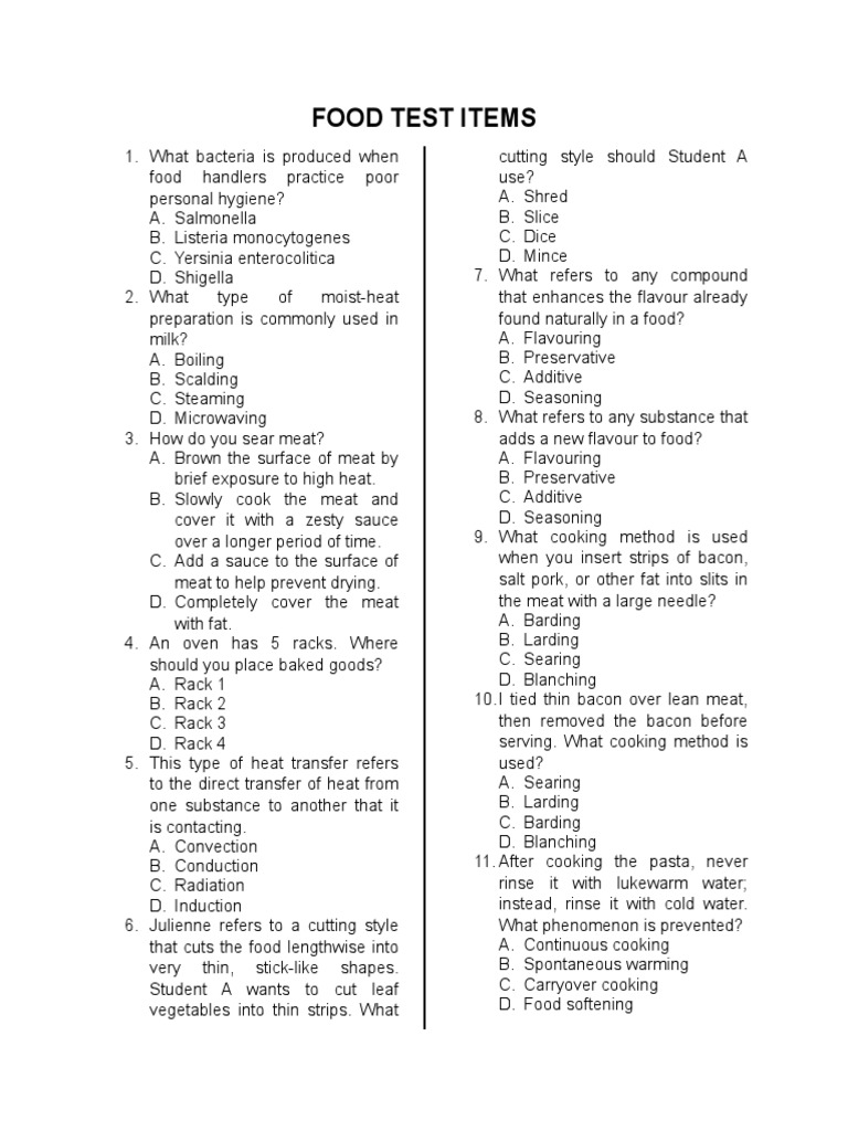 Food Test Items PDF Bacon Cooking
