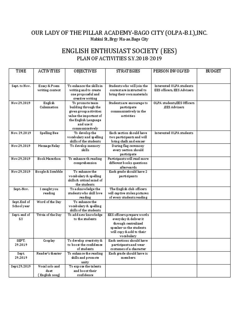 Our Lady of The Pillar Academy PDF Vocabulary Reading Comprehension