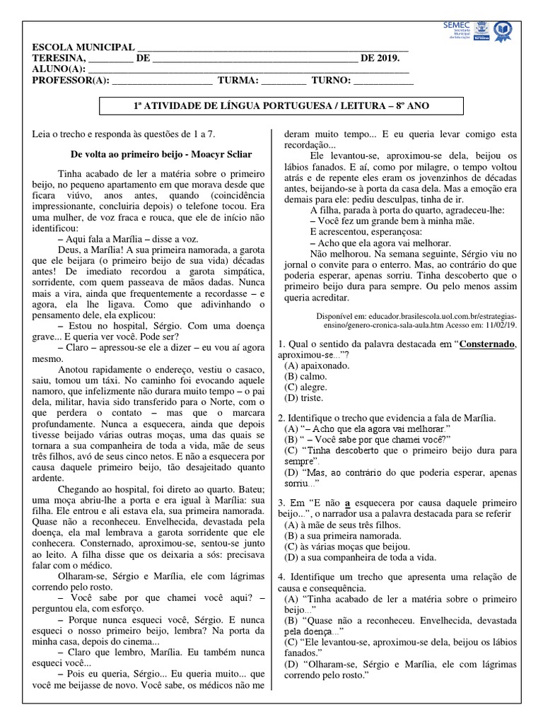 Atividade 1 - 8º Ano - Leitura - Crônica | PDF