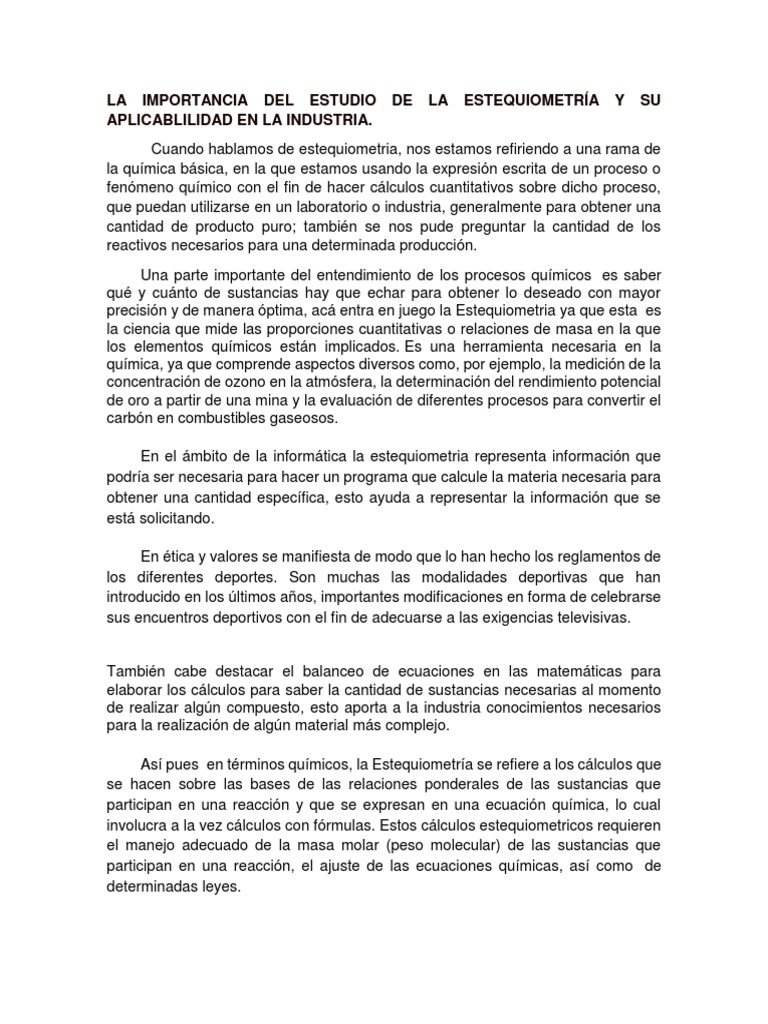 La Importancia Del Estudio de La Estequiometría y Su