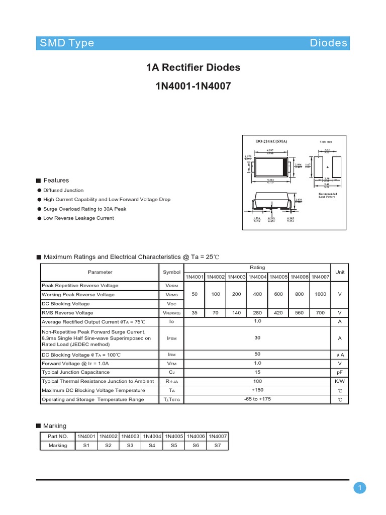 SMD Type Diodes: 1A Rectifier Diodes 1N4001-1N4007 | PDF | Diode ...