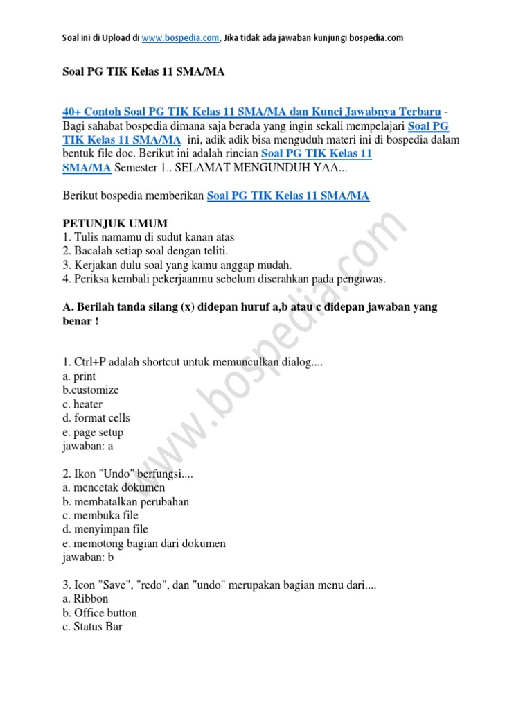 40 Contoh Soal Pg Tik Kelas 11 Sma Ma Dan Kunci Jawabnya