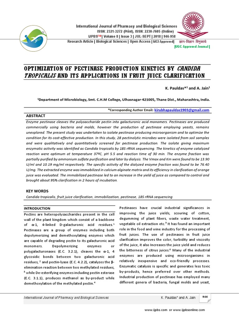 Optimization of Pectinase Production by Candida Tropicalis and