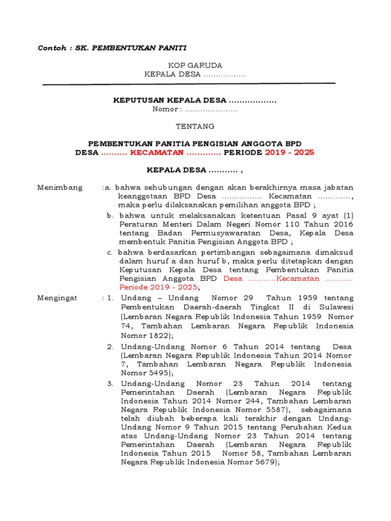 Contoh Sk Panitia Pemilihan Bpd Masnurul