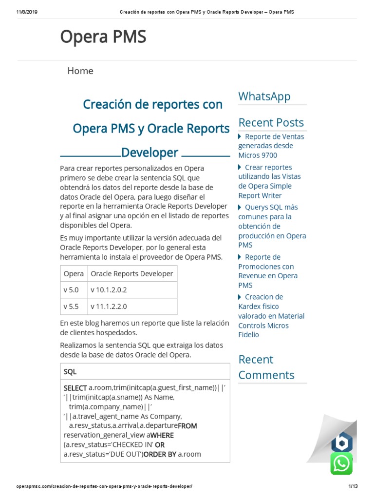 Creación de Reportes en Opera PMS | PDF | SQL | Tecnologías de la ...