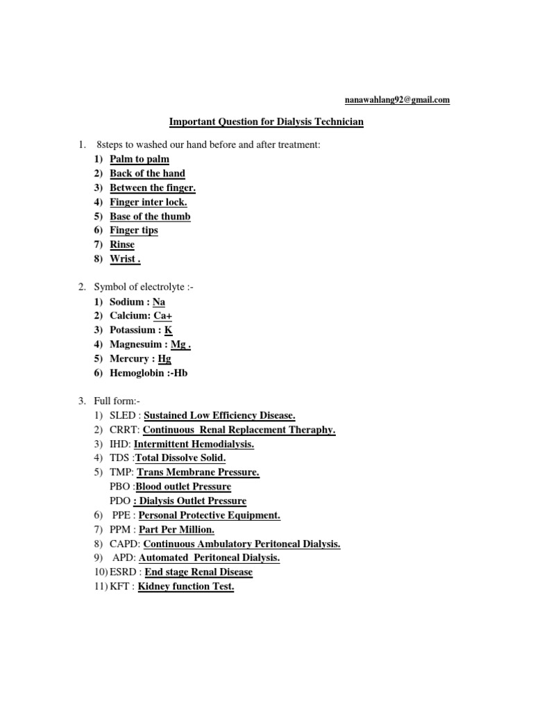 Important Question For Dialysis Technician PDF Hemodialysis Dialysis