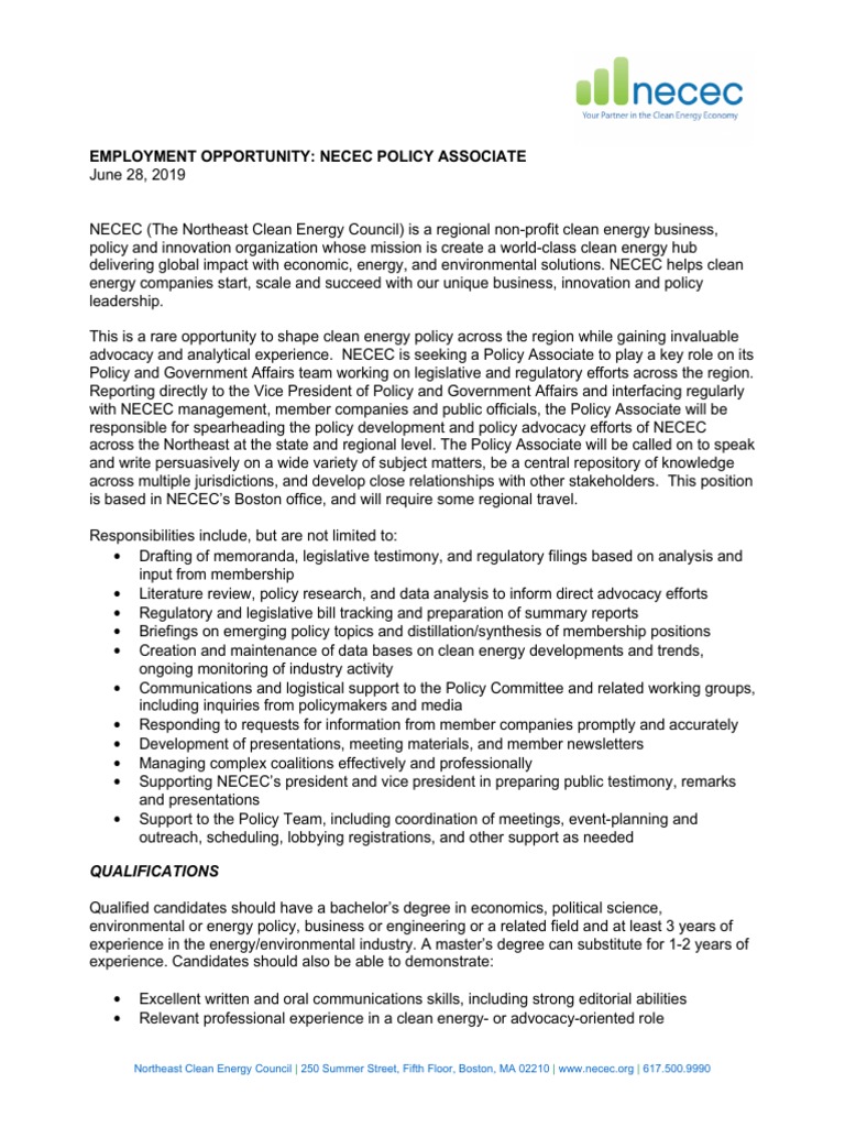 NECEC Policy Associate Job Description Boston | PDF | Innovation | Gender