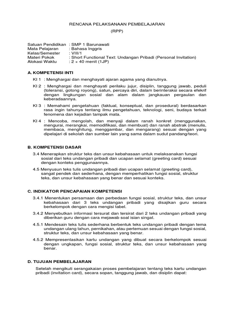 Rpp Invitation Kelas 8 Smp - Materi Soal