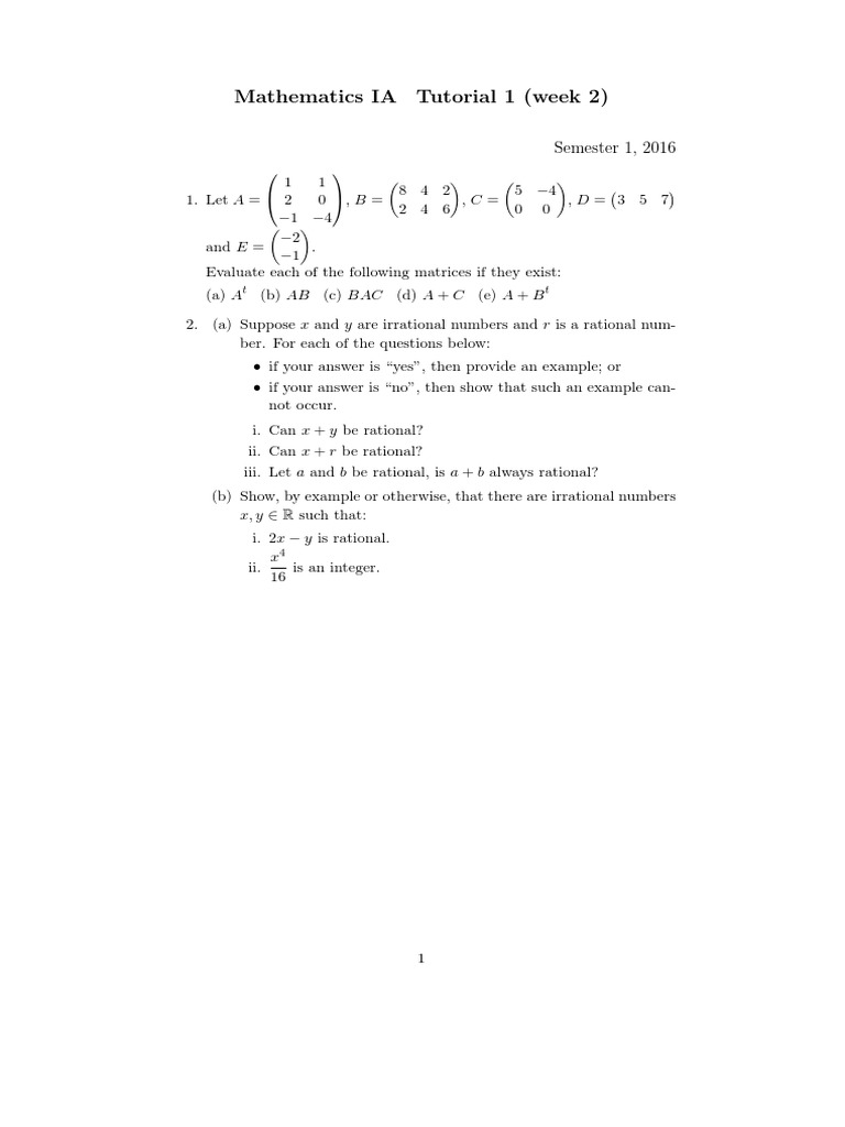 Mathematics IA Tutorial 1 (Week 2) : Semester 1, 2016 | PDF