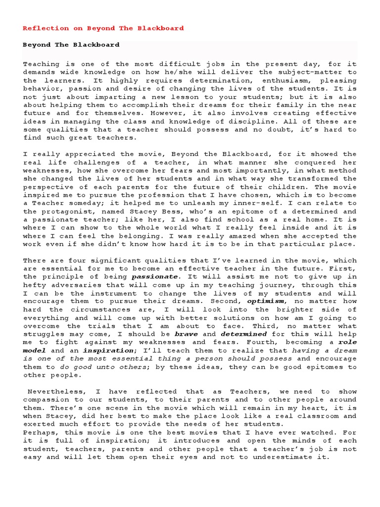 Reflection On The Movie Beyond The Blackboard PDF Teachers Psychology