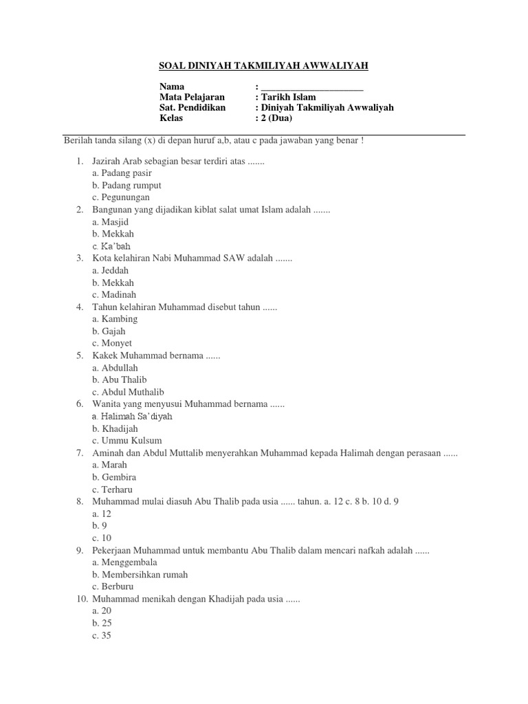 Soal Diniyah Takmiliyah Awwaliyah Kelas 2 Tarikh Islam
