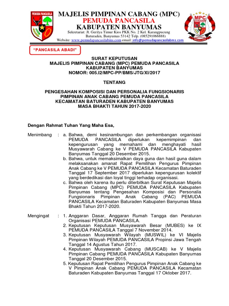 Sk Pengurus Piman Anak Cabang Pemuda Pancasila Kecamatan Baturaden Pdf