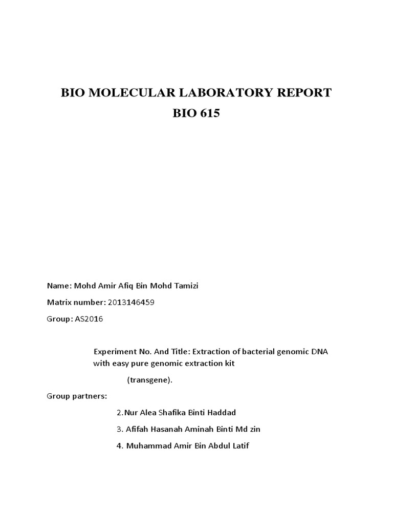 Bio Molecular Laboratory Report | PDF | Dna | Protease