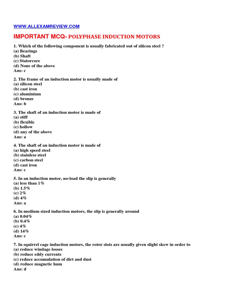Important MCQ Polyphase Induction Motors PDF Electric Motor Engines