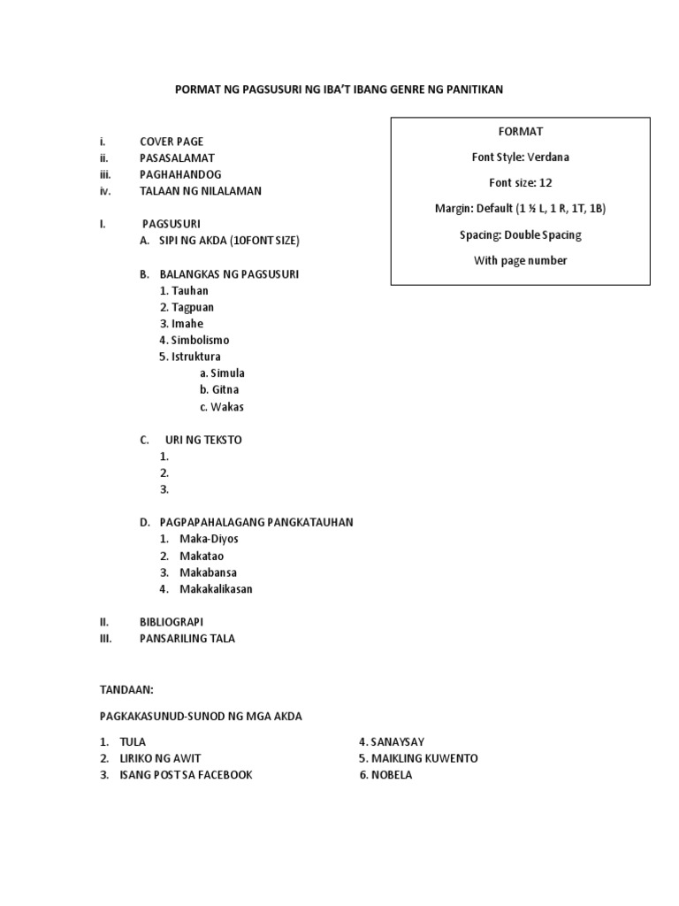 Pormat Sa Pagsusuri NG Ibat Ibang Genre NG Panitikan | PDF