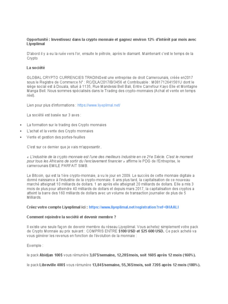 Investissez Crypto: Gagnez 12% Mensuel | PDF | Crytomonnaies | Opérateur de  marché