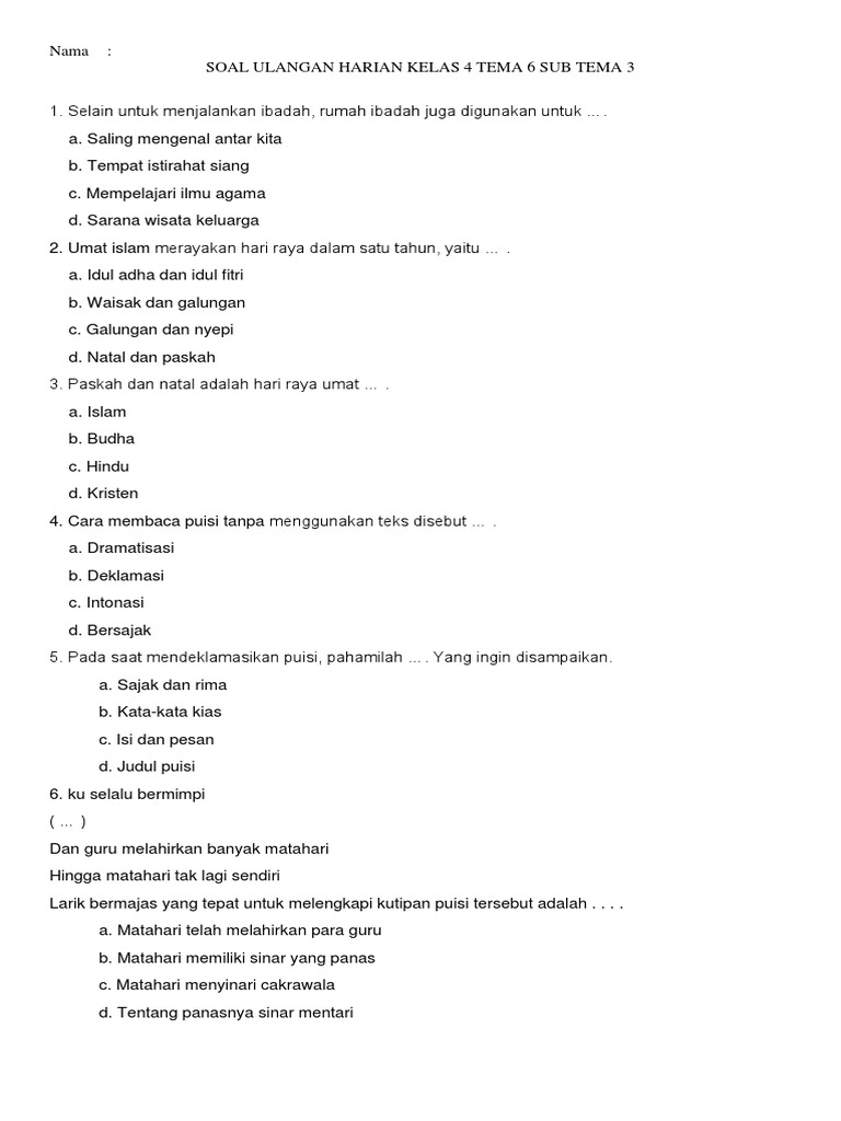Soal Ulangan Tema 6 Sb 3