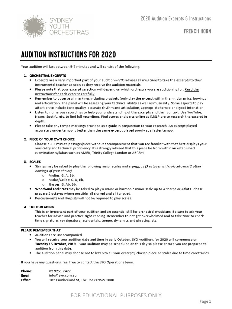 2020 SYO Audition Excerpts French Horn PDF PDF Audition Orchestras