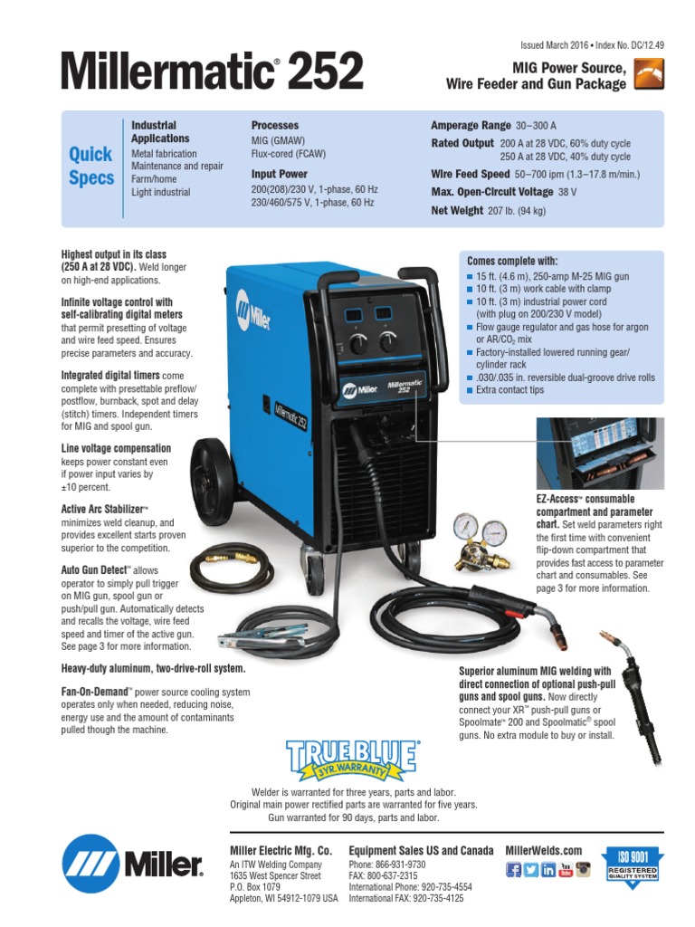 Millermatic 252 Quick Specs PDF Mechanical Engineering