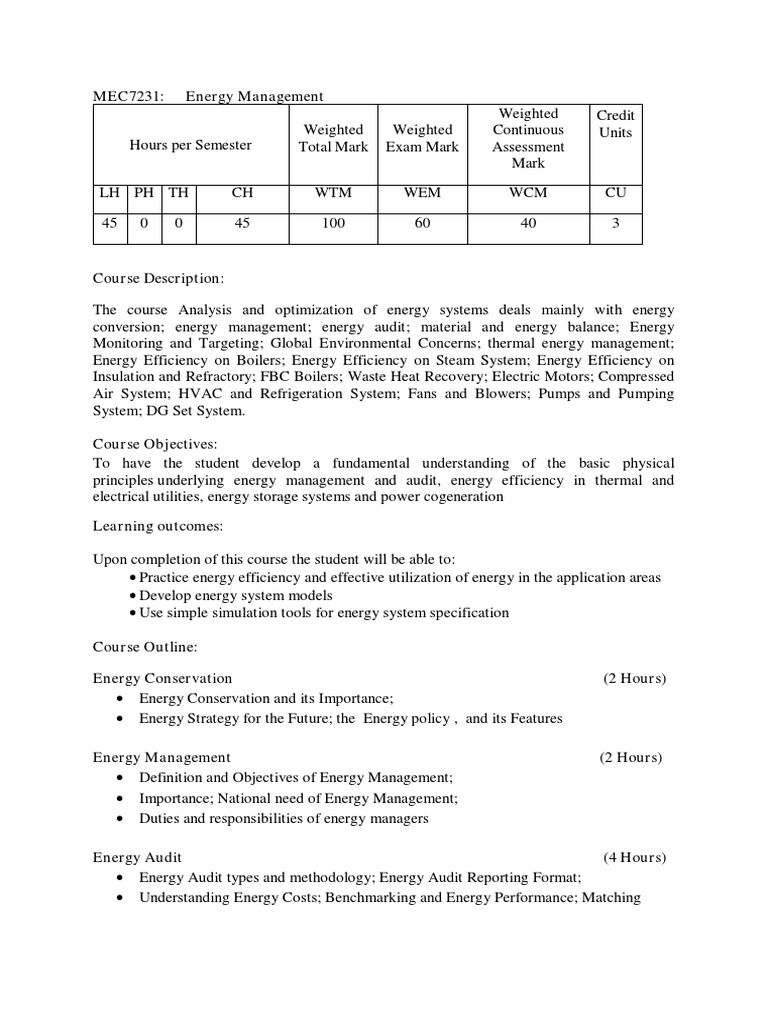 Energy Management Course Overview | PDF | Energy Management | Efficient ...