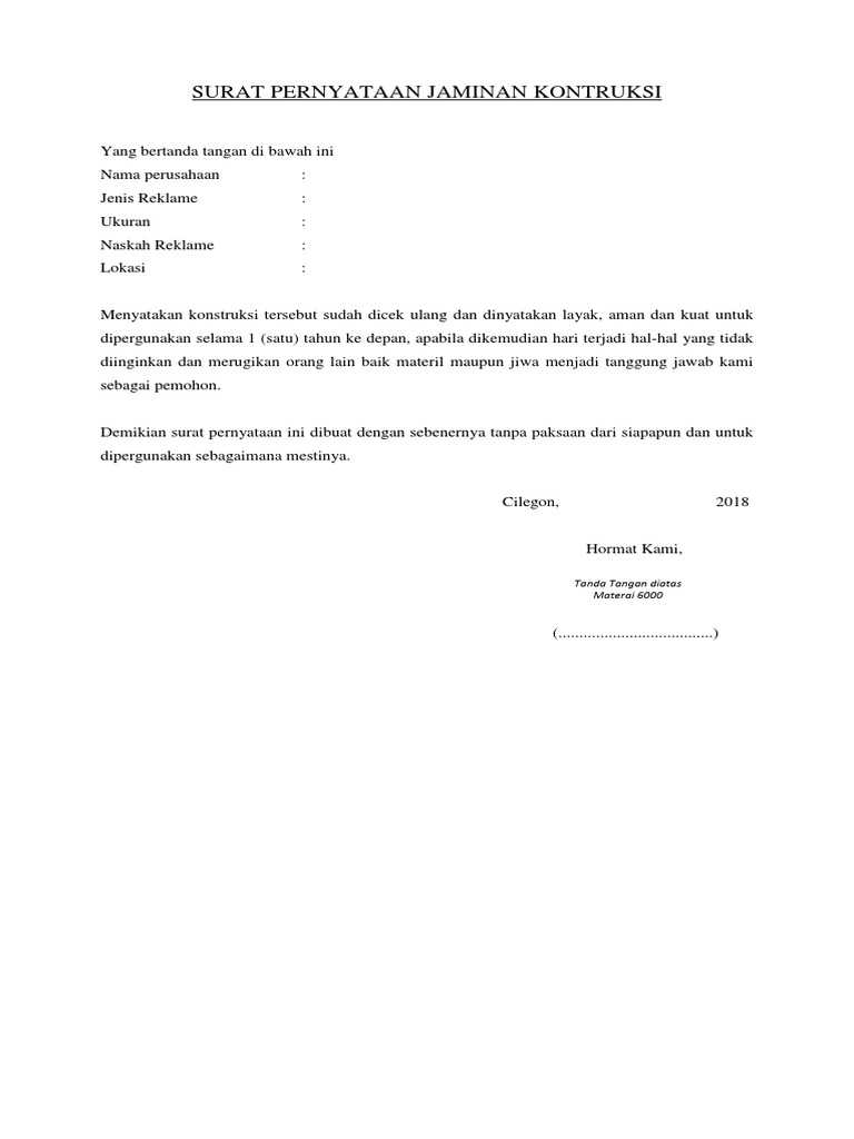 Surat Pernyataan Jaminan Konstruksi Pdf
