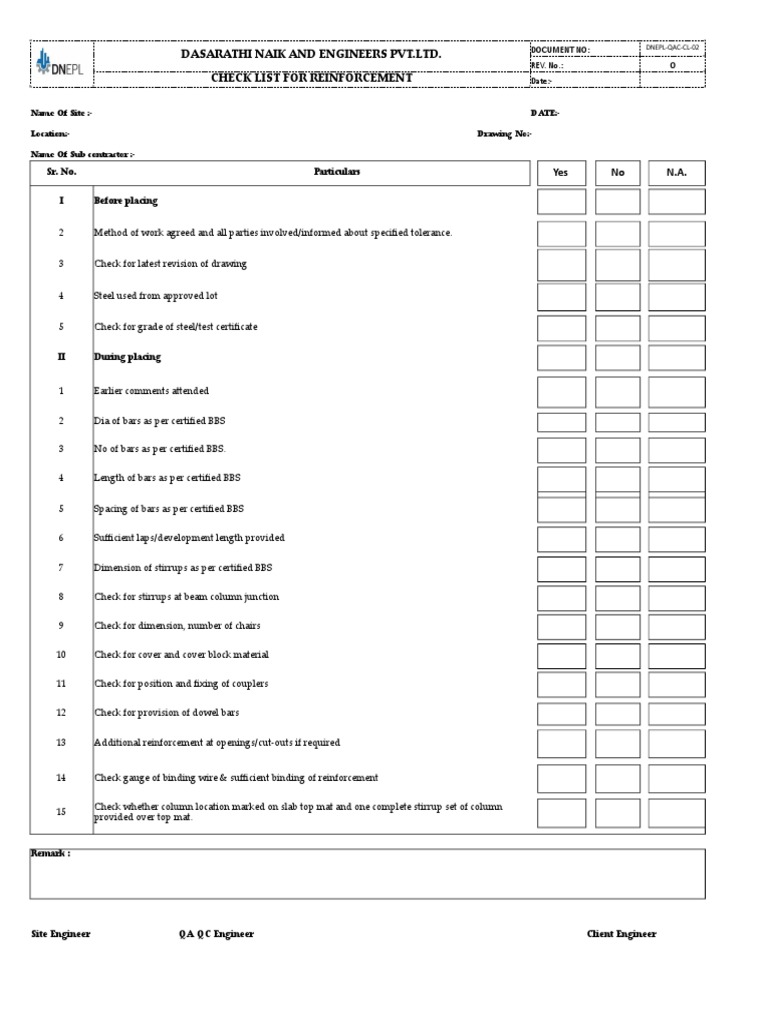 Dasarathi Naik and Engineers PVT Ltd. Check List For Reinforcement PDF
