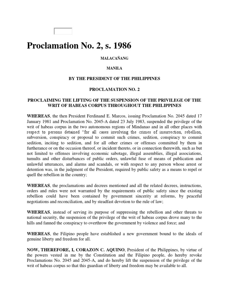 Restoring Civil Liberties President Aquino Lifts Suspension of Habeas