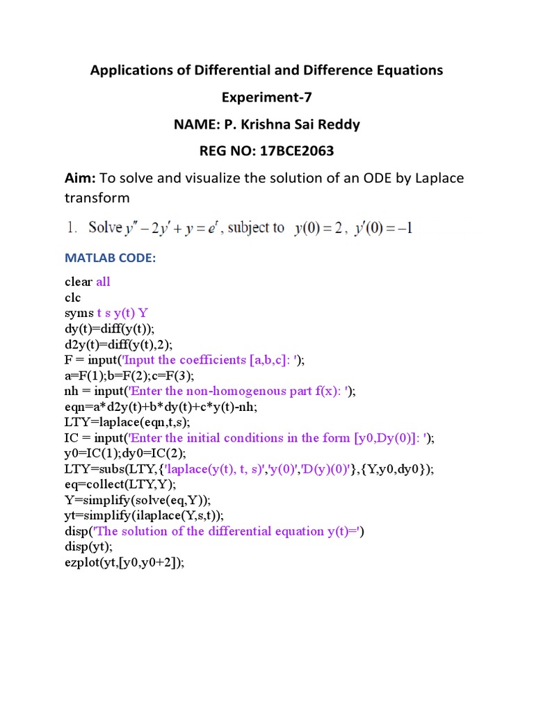 Applications of Differential and Difference Equations Experiment7 NAME P. Krishna Sai Reddy