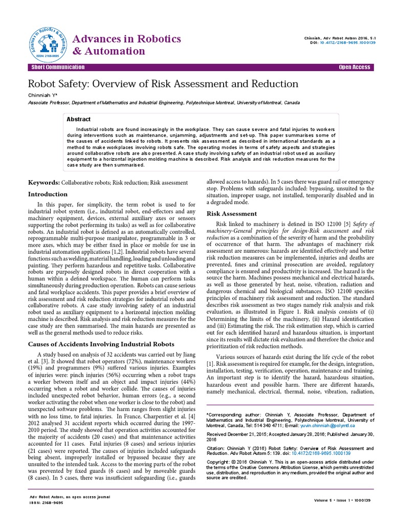 Robot Safety Overview of Risk Assessment and Reduction 2168 9695 ...