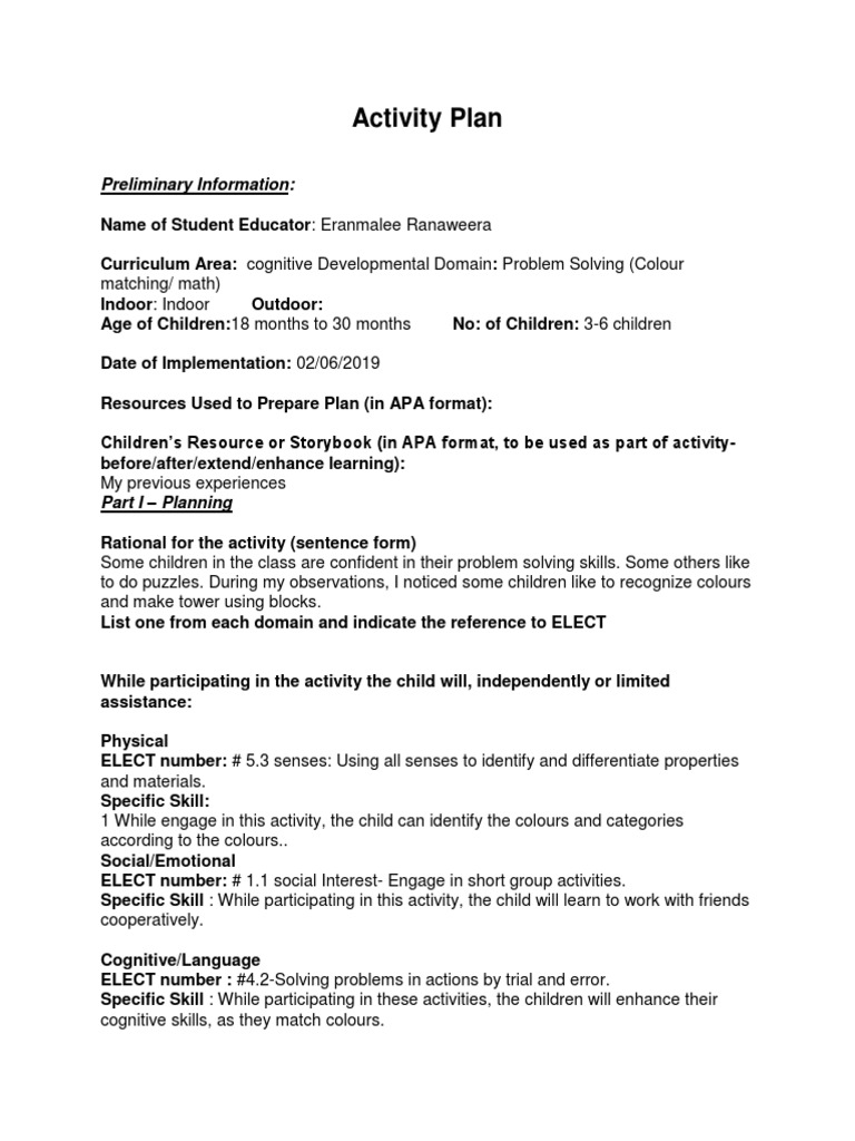 Activity Plan 2 PDF Cognition Learning