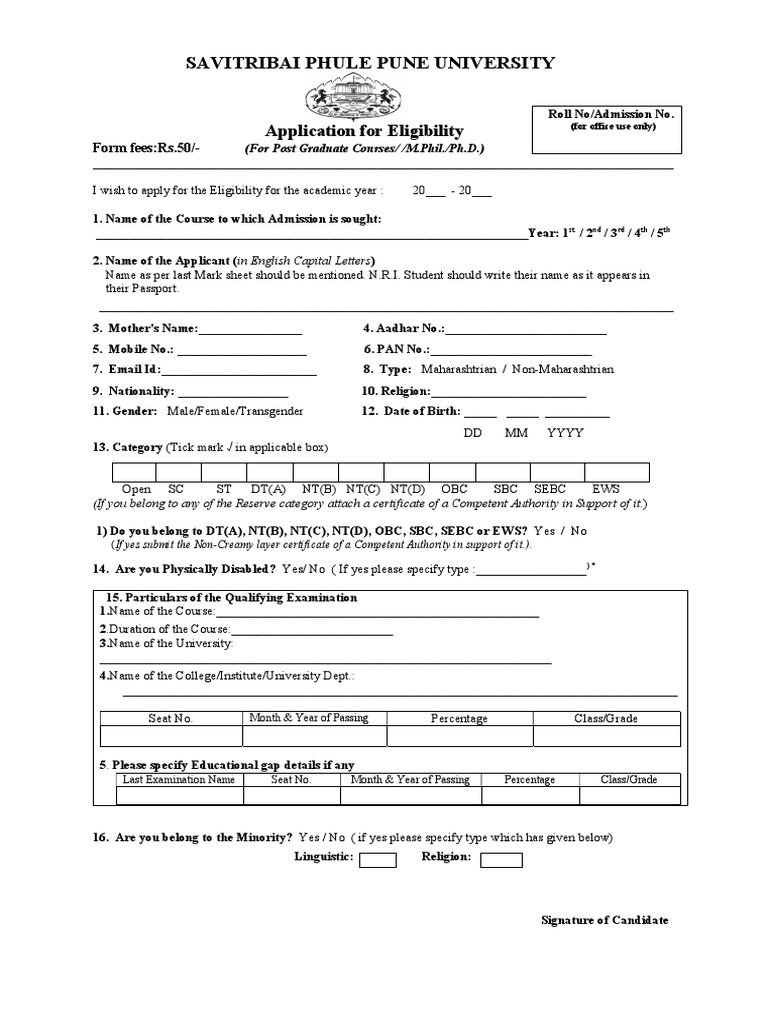 Savitribai Phule Pune University: Application For Eligibility | PDF ...