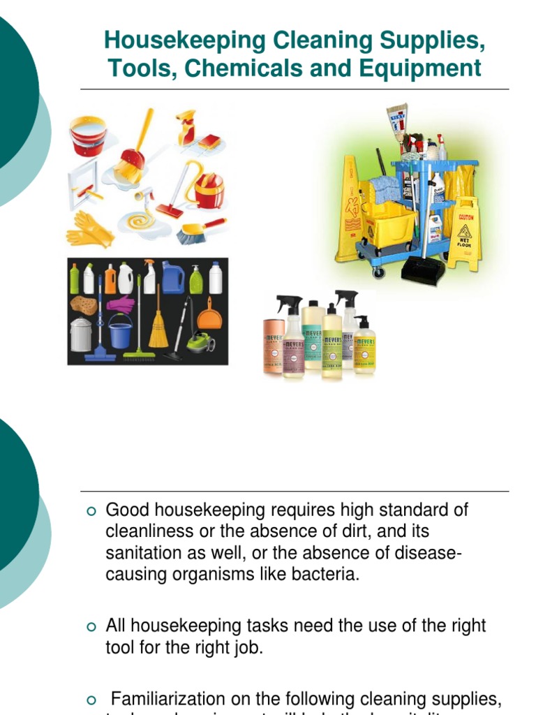 Housekeeping cleaning supplies, tools and equipments