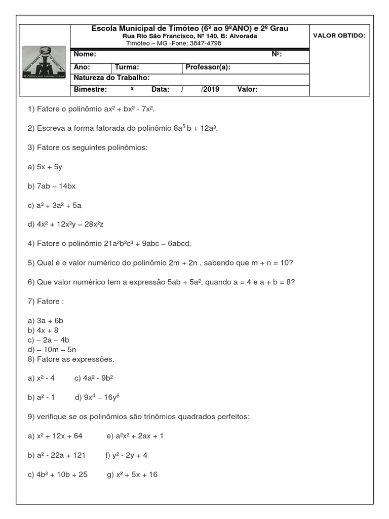 Exercícios de Fatoração para 8º Ano | PDF | Metalógica | Símbolos