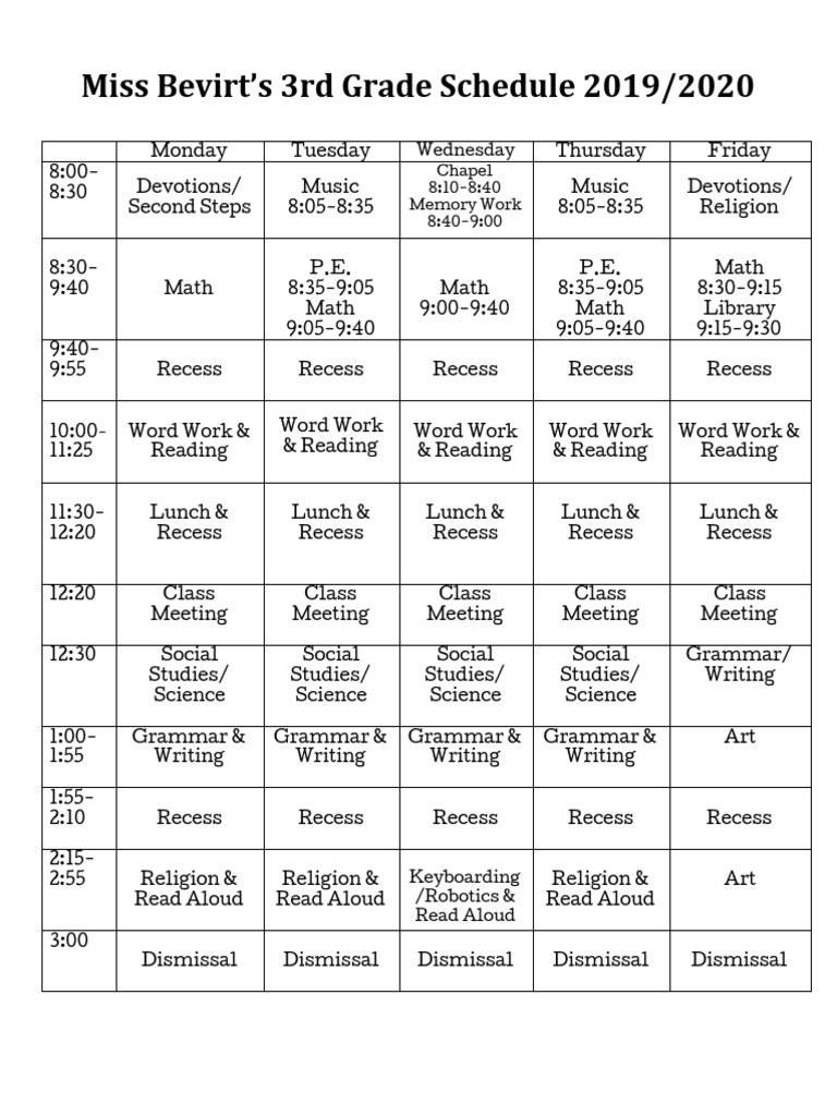 3rd Grade Curriculum Schedule 2019-2020 | PDF