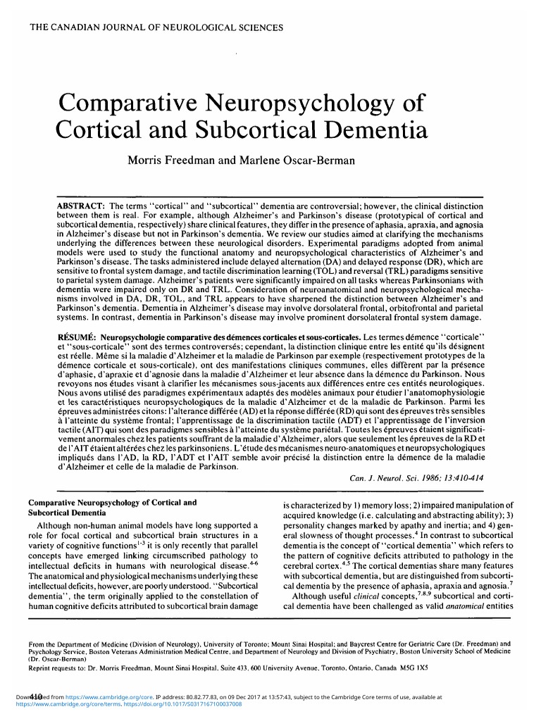 Cortical vs Subcortical Dementia Study | PDF | Alzheimer's Disease ...