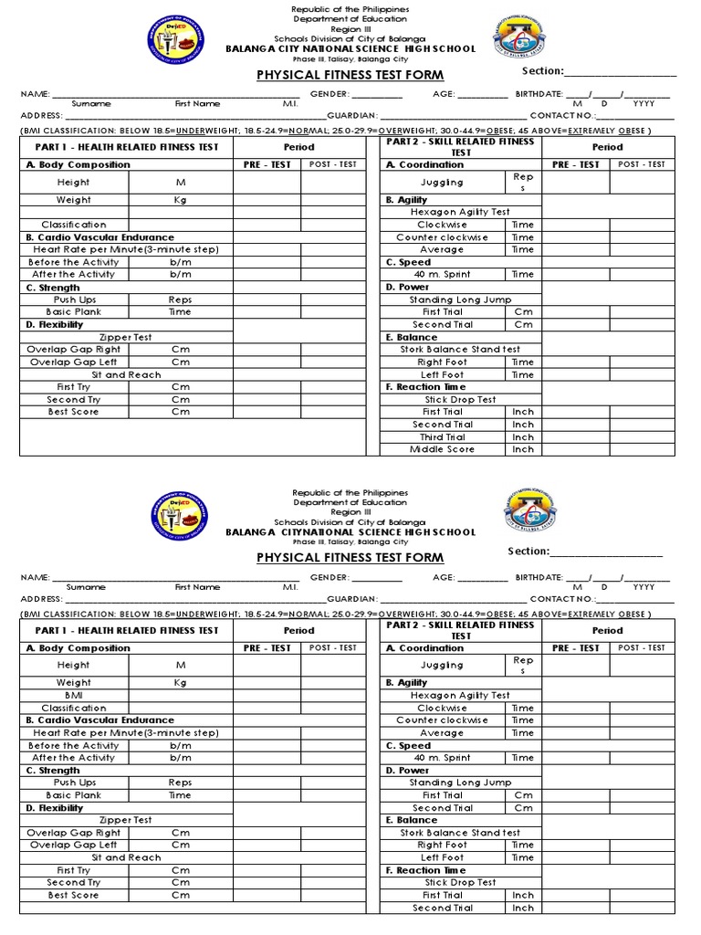 Physical Fitness Test Form | PDF | Body Mass Index | Obesity