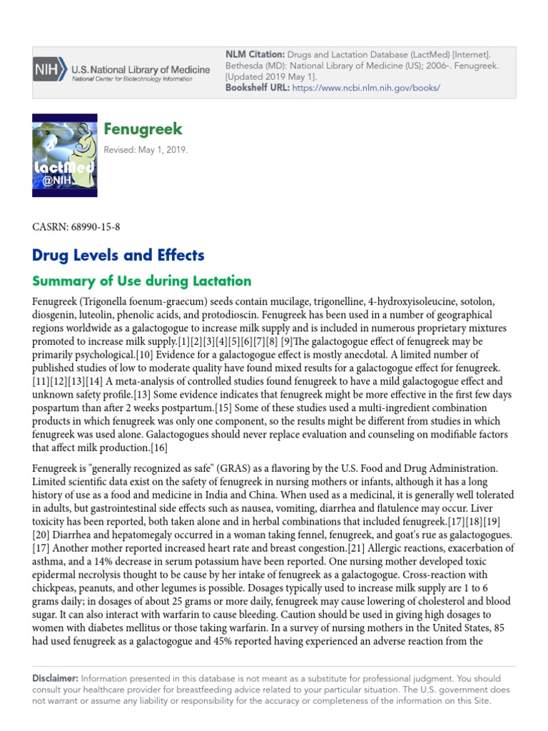 Fenugreek Drug Levels and Effects PDF Breast Milk Breastfeeding