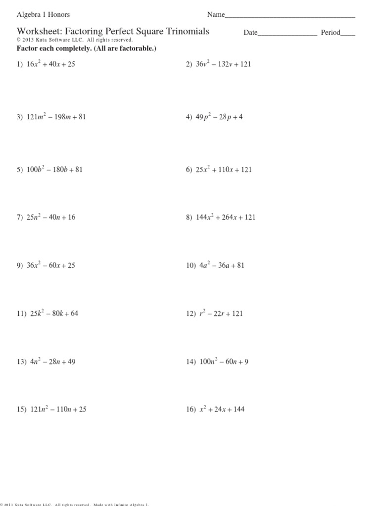 Worksheet Factoring Perfect Square Trinomials