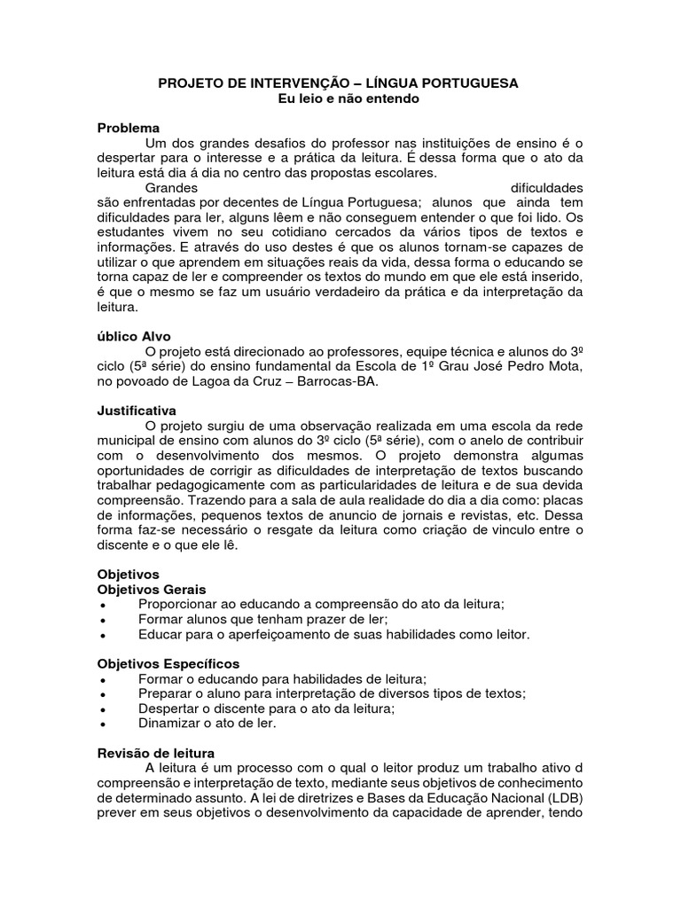 Intervenção Pedagógica em Leitura e Escrita | PDF | Interpretação ...