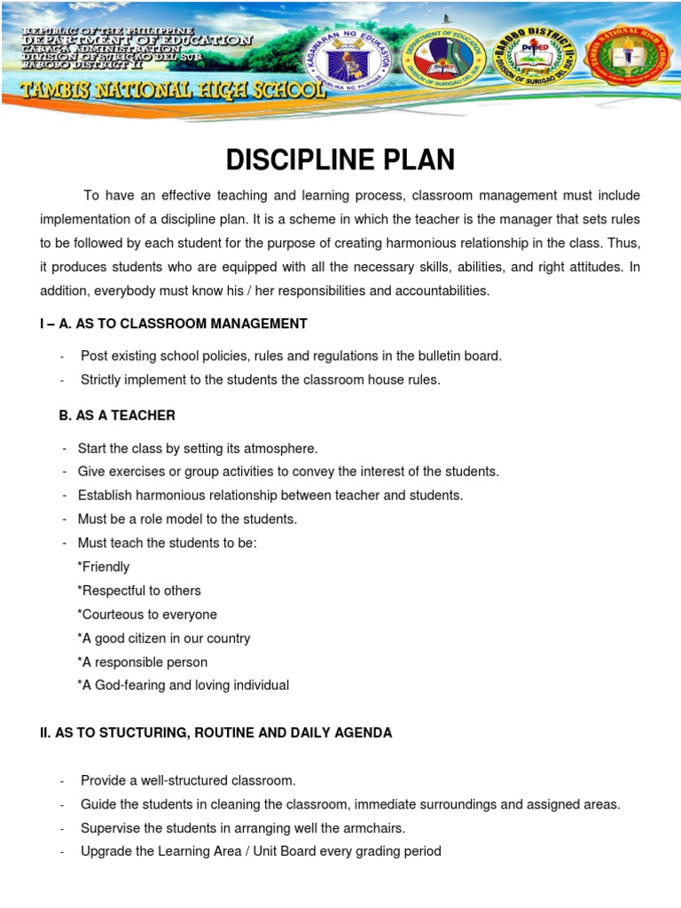 Discipline Plan: I - A. As To Classroom Management | PDF