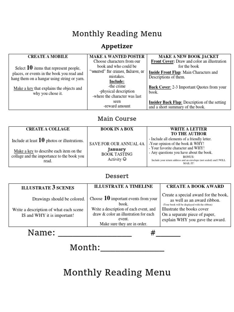 4a Monthly Reading Menu | PDF | Menu