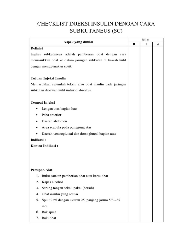 CHECKLIST Injeksi Insulin Per SC | PDF